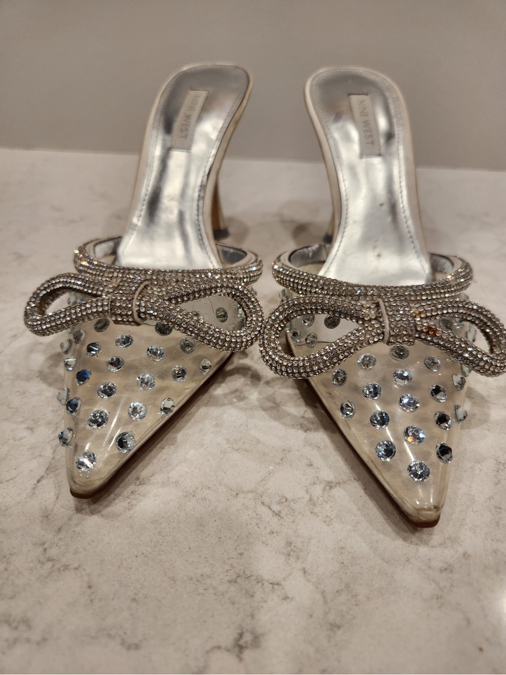 Nine West Manita 3, Silver Crystal-Embellished Pointed Mule Heels - Women